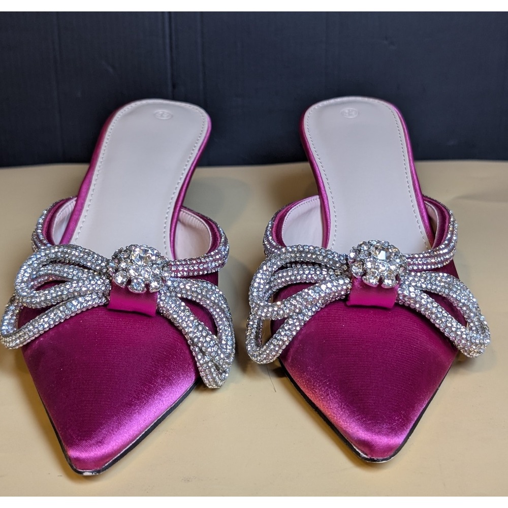 Women's Hot Pink Satin Sparkle Rhinestone Bow Kitten Heel Mules Stand Out SZ 5.5